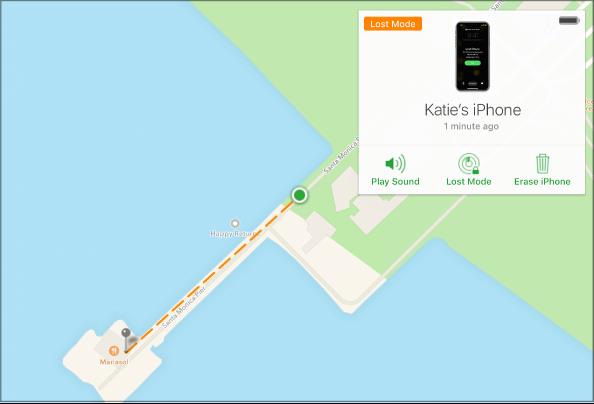Отслеживание устройства, находящегося в режиме пропажи, на карте в приложении «Найти iPhone».