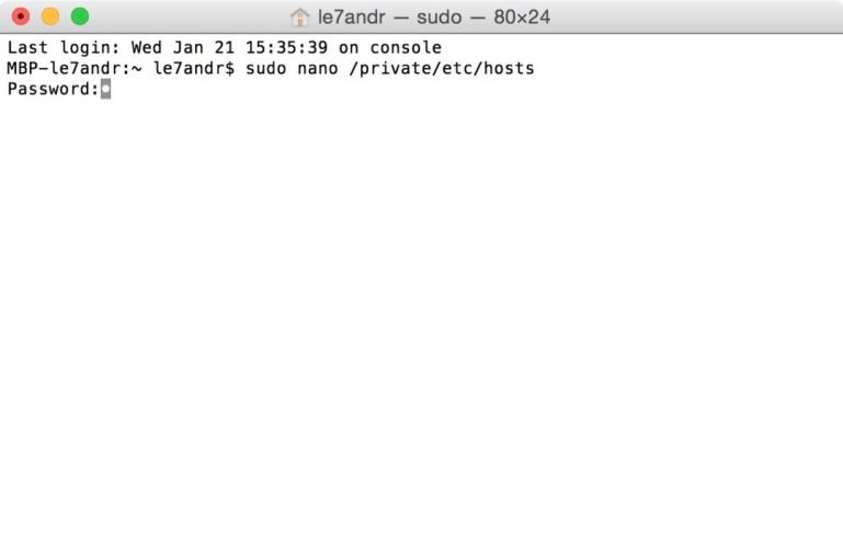 Ввод пароля администратора в терминале Mac OS X