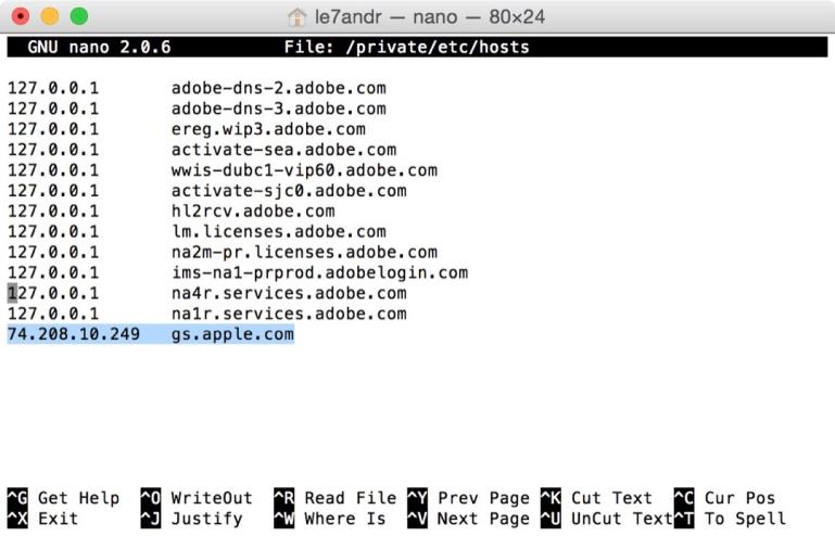 Запись gs.apple.com в файле hosts