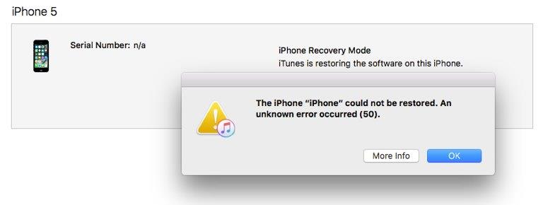 Ошибка 50 — не удалось восстановить iPhone.