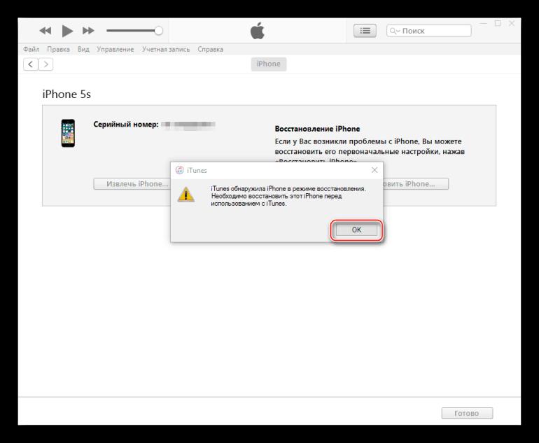 Apple iPhone 5S уведомление iTunes смартфон подключен в режиме REcovery Mode
