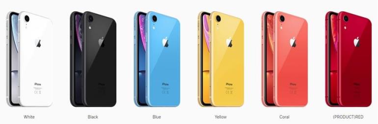 iPhone XR: синий, коралловый, желтый, белый, черный, красный;
